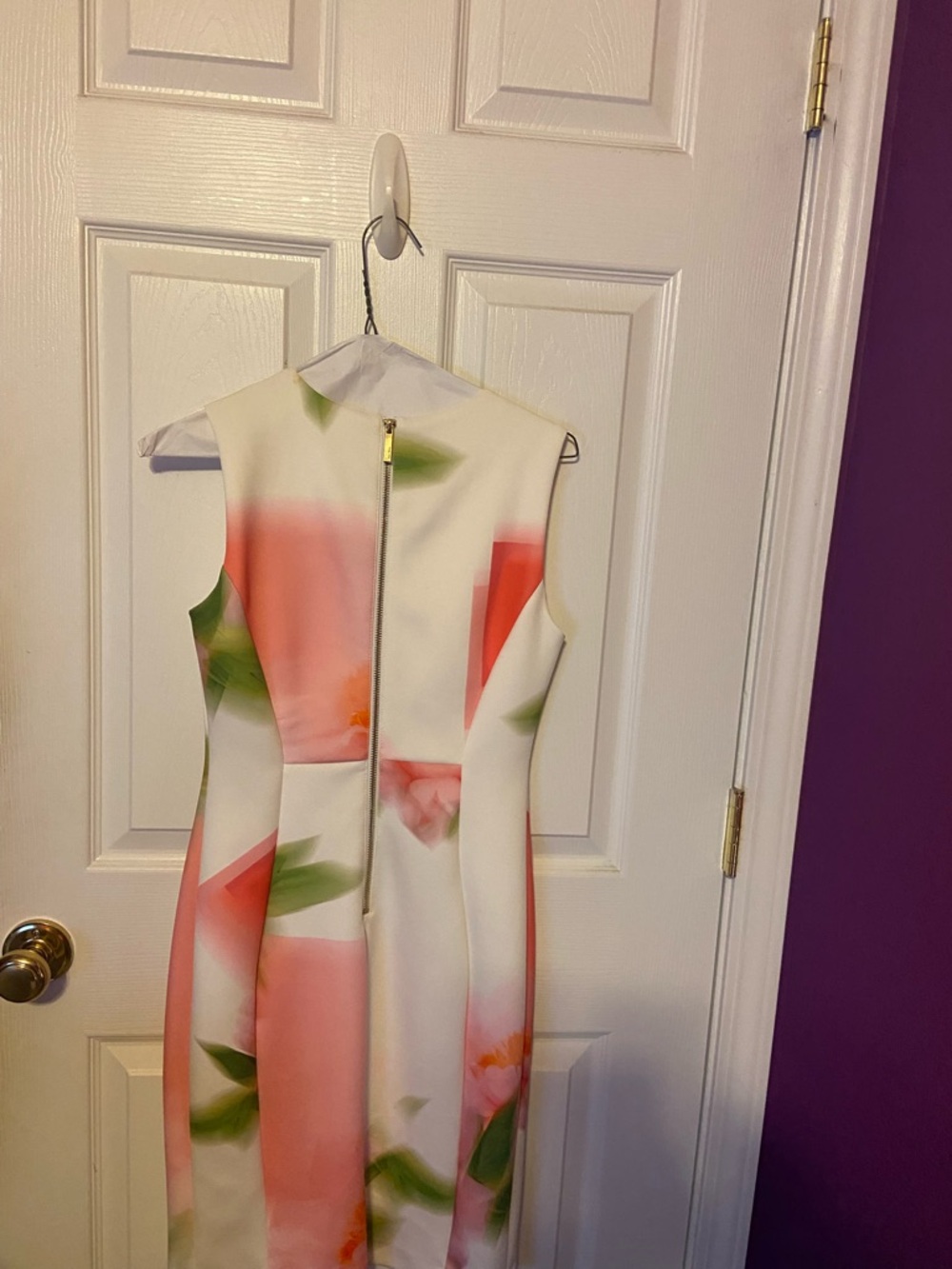 Calvin Klein White Sheath Dress with Coral and Green Floral Accents - Picture 2 of 3